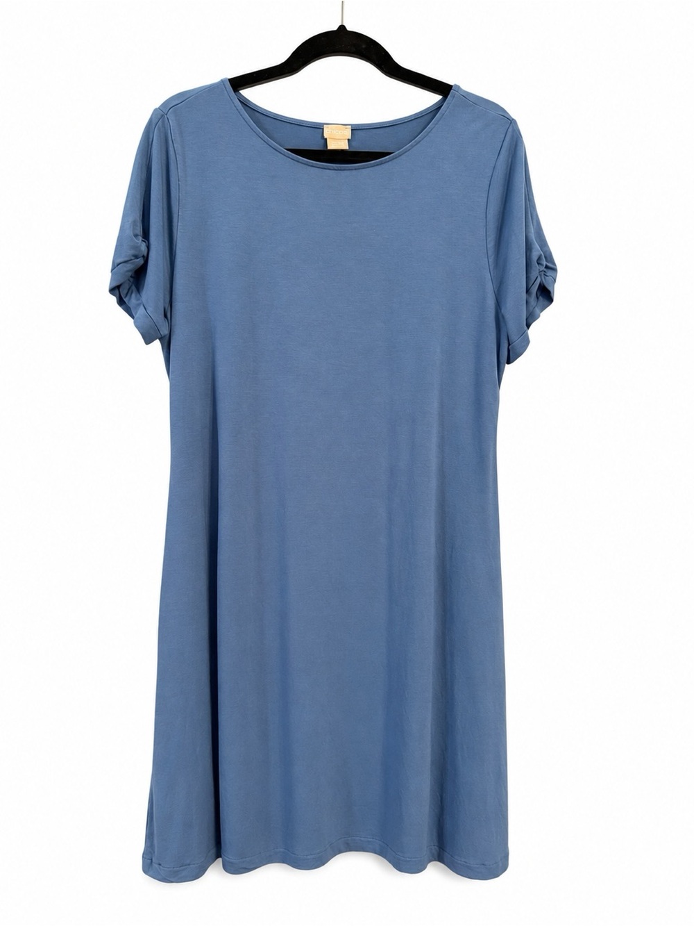 Chico’s Blue Swing Dress Size 2 US 12/14 Ruched Sleeve Rayon Jersey Midi Travel